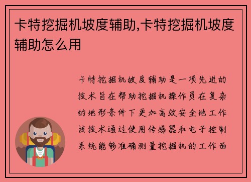 卡特挖掘机坡度辅助,卡特挖掘机坡度辅助怎么用